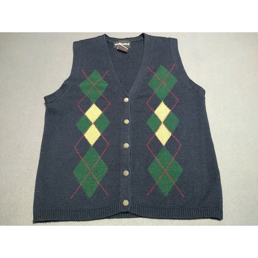 Sag Harbor Argyle Sweater Vest Ladies‎ Small Navy Button Up Work Fall Classic